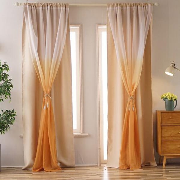 Double Layer Window Curtain Set of 2pcs Yellow Ombre Design