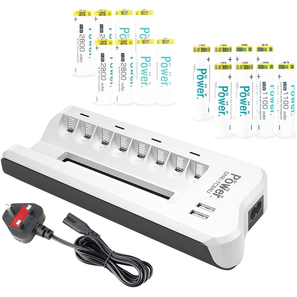 Buy DMK Power (8AA*8AAA) 16pcs Rechargeable Ni-MH Battery with 8′ SLOT  AA/AAA Ni-MH/Ni-CD Smart Battery Charger  UK Cable and 2 USB Ports for  Mobile Phones Tablet devices etc, Online in UAE |