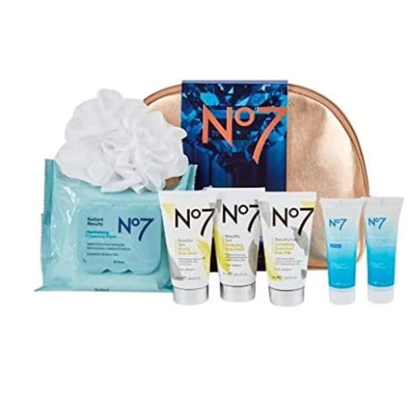 Boots No7 Top To Toe Beauty Bag Gift Set -body Wash,body Polish,hydra Luminous Water Surge Gel,hydra Luminous Overnight Recovery Gel Cream,cleaning Wipes,