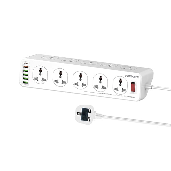 Promate Power Strip With 4 Usb Ports, 10 Ac Outlets, 20w Usb-c Pd, 18w Qc 3.0 And 5m Cord, Powermatrix-5m Uk Plug