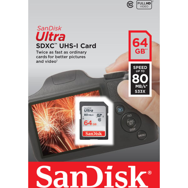 بطاقة ذاكرة ألترا SDXC سعة 64 جيجابايت سرعة قراءة 80 ميغابايت/الثانية فئة 10 UHS-I من سانديسك SDSDUNC064GGN6IN 