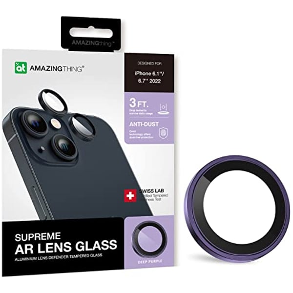 Amazing Thing iPhone 14 and iPhone 14 PLUS Camera Lens Protector Supreme Tempered Glass Aluminum AR Lens Defender - New Purple