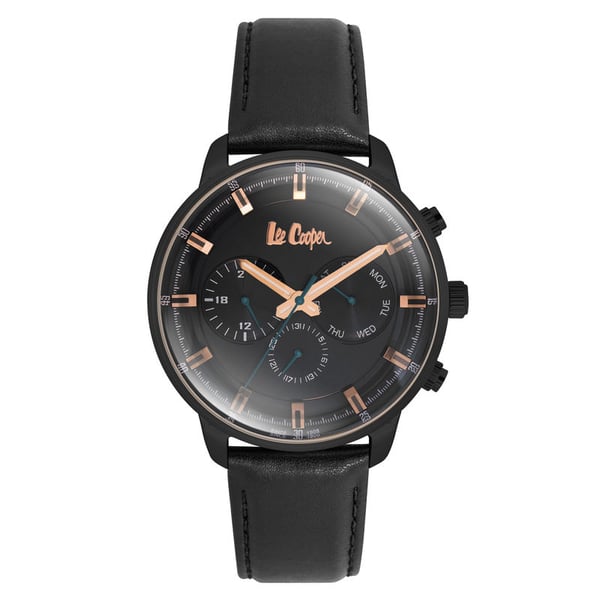 Lee Cooper, LC06984.651, Mens Analog Watch, Black Dial Multi-Function 3 Black Leather Strap