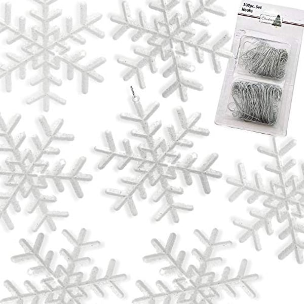 Banberry Designs Snowflake Ornaments - Set Of 24 White 'Fuzzy' Snowflakes - 300 Metal Ornament Hooks Included - Snowflake Decorations - Christmas Decor