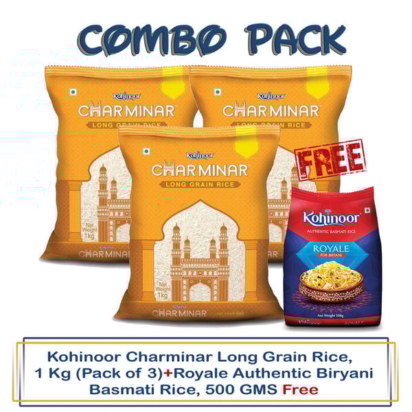 Kohinoor Charminar Long Grain Rice, 1 Kg (Pack of 3)+Royale Authentic Biryani Basmati Rice, 500 GMS free