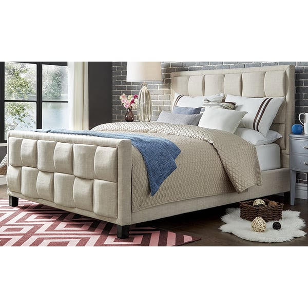 Upholstered Cotton and Polyester Bed Frame Queen without Mattress Beige Upholstered Cotton and Polyester Bed Frame Queen without Mattress Beige