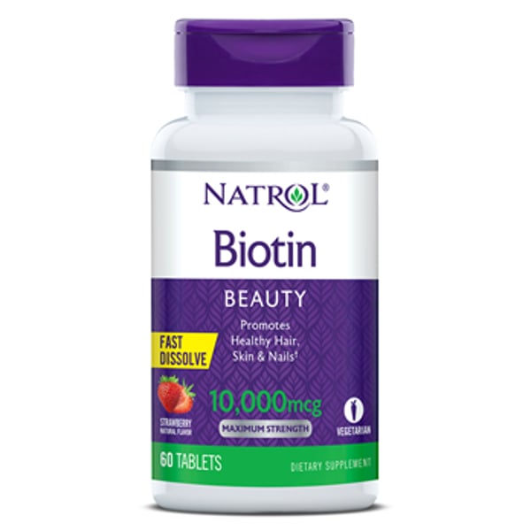 Natrol Biotin Maximum Strength, Beauty, 10,000 Mcg, Strawberry Fast Dissolve Tablets, 60ct