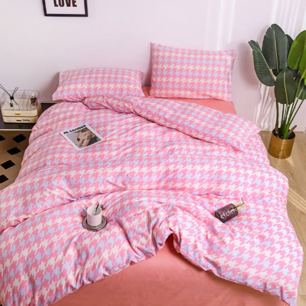 Luna Home Single Size 4 Pieces Bedding Set Without Filler, Checkered Design Pink Color