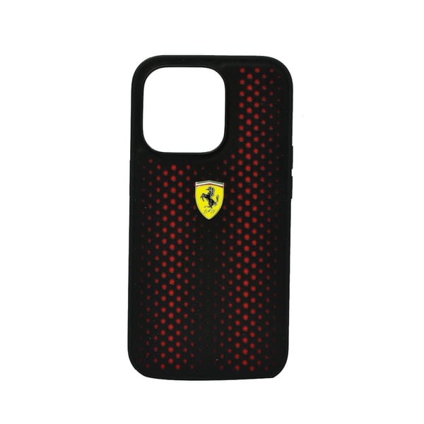 Ferrari Pu Leather Perforated Case With Nylon Base & Yellow Shield Logo For Iphone 14 Pro Red