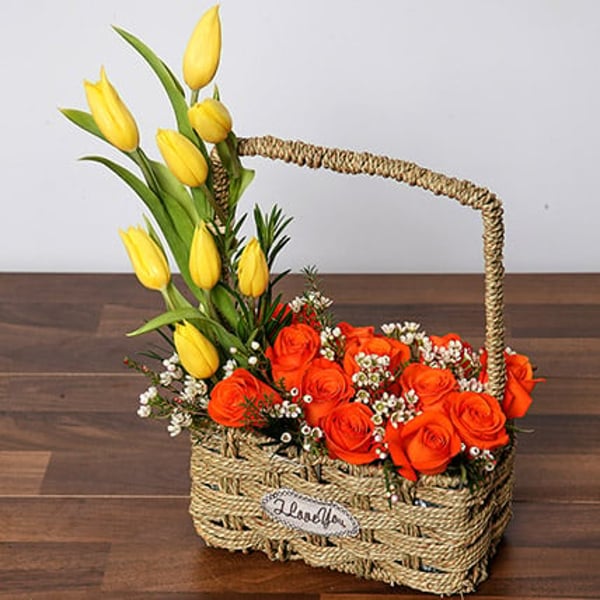 Orange Roses & Yellow Tulips Basket Orange Roses & Yellow Tulips Basket