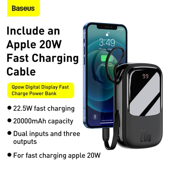 Baseus 20000 Mah QPOW Digital Display Quick Charging Power Bank 20w Built-in IP Cable Black Baseus 20000 Mah QPOW Digital Display Quick Charging Power Bank 20w Built-in IP Cable Black