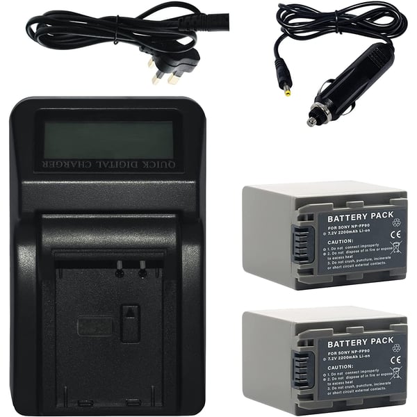 DMK Power NP-FP90 / NPFP90 (2200mAh) 2-Pack Replacement Battery and LCD Quick Rapid Battery Charger Compatible With Sony DCR-DVD203, DVD205, DVD305, DVD403, DVD405, DVD505, HC20, HC21, HC26, etc,