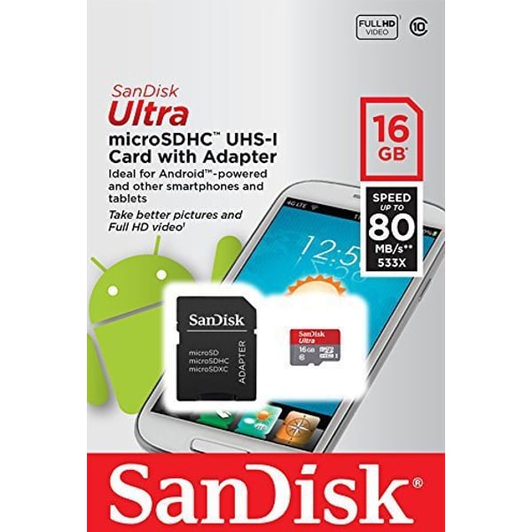 SanDisk SDSQUNC016GGN6MA Ultra Micro SDHC UHS-I Card 16GB W/ Adapter