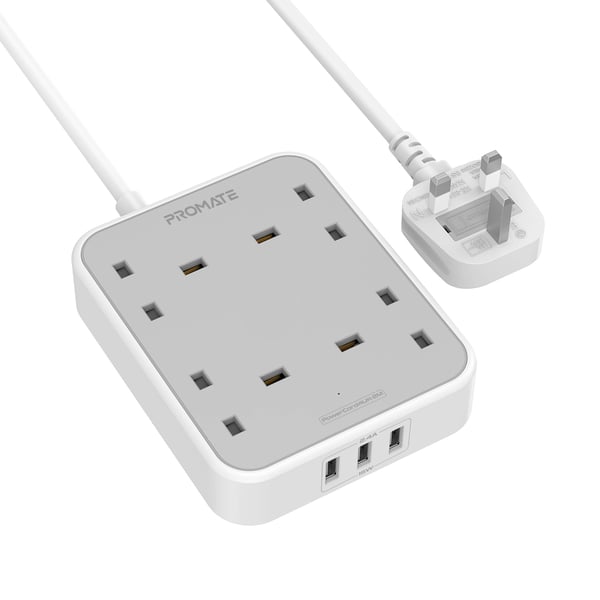 Promate Power Strip With 3250w 4 Ac Outlets, 3 Usb Ports And 2m Cord For Tv/pc, Powercord4uk-2m