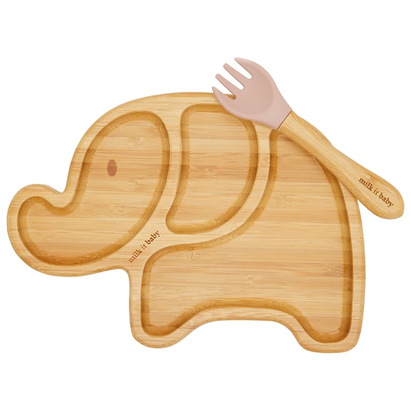 Milk It Baby, MI-BAMEDP002 Bamboo Elephant Suction Plate & Fork Set, Dusty Pink Milk It Baby, MI-BAMEDP002 Bamboo Elephant Suction Plate & Fork Set, Dusty Pink