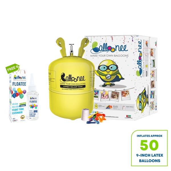 Balloonee Helium Tank - Jumbo Disposable Helium Party Kit - ( 50 Balloons ) with Floatee - Helium Balloons Float Time Extender 50ml Balloonee Helium Tank - Jumbo Disposable Helium Party Kit - ( 50 Balloons ) with Floatee - Helium Balloons Float Time Extender 50ml