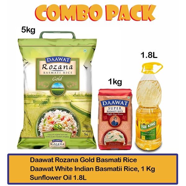 Daawat Rozana Gold Basmati Rice 5Kg + White Indian Basmatii Rice, 1 Kg + Sunflower Oil 1.8L Daawat Rozana Gold Basmati Rice 5Kg + White Indian Basmatii Rice, 1 Kg + Sunflower Oil 1.8L