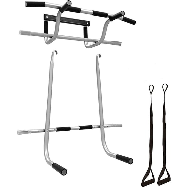 ULTIMAX Triple Door Gym Ultimate 3 in 1 Doorway Trainer Raised Height Pull Up Bar, Dips Bar & 2 Suspension Straps for Total Body Home Workout, Screw less Installation On All Doors