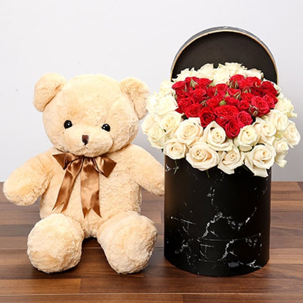 Peach & Red Rose Box With Teddy Bear