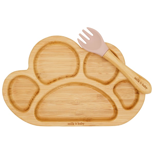 Milk It Baby, MI-BAMTPDP006 Bamboo Tiger Paw Suction Plate & Fork Set, Dusty Pink