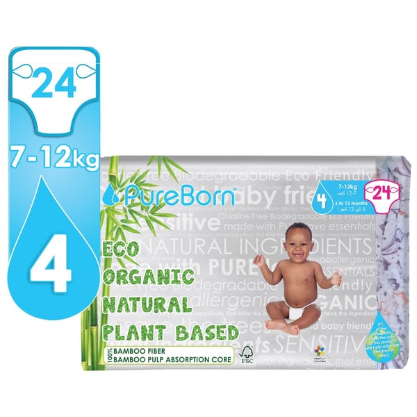 PureBorn 50566 Size 4 Nappy Single Pack 7 to 12 kg Palm 24Pcs