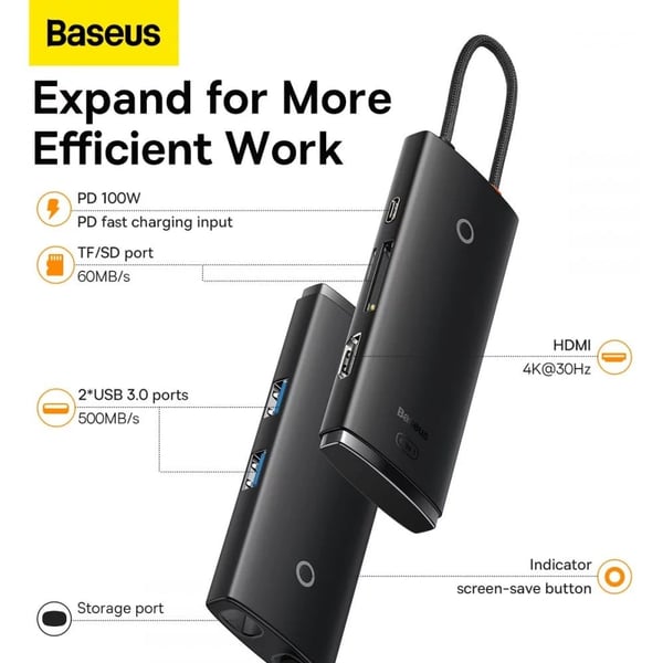 BASEUS Lite Series 6-Port Type-C HUB Type-C to HD+USB3.0*2+PD+TF Docking Station - Black