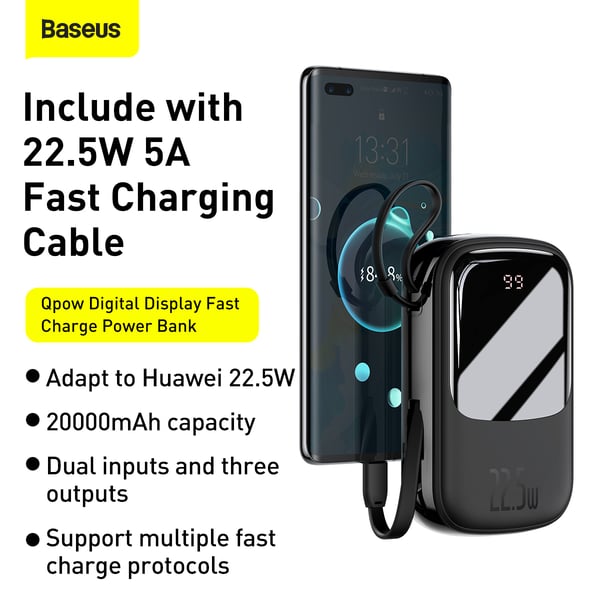 Baseus 20000 MAH QPOW Digital Display Quick Charging Power Bank 22.5w Built-in Type- C Cable Black