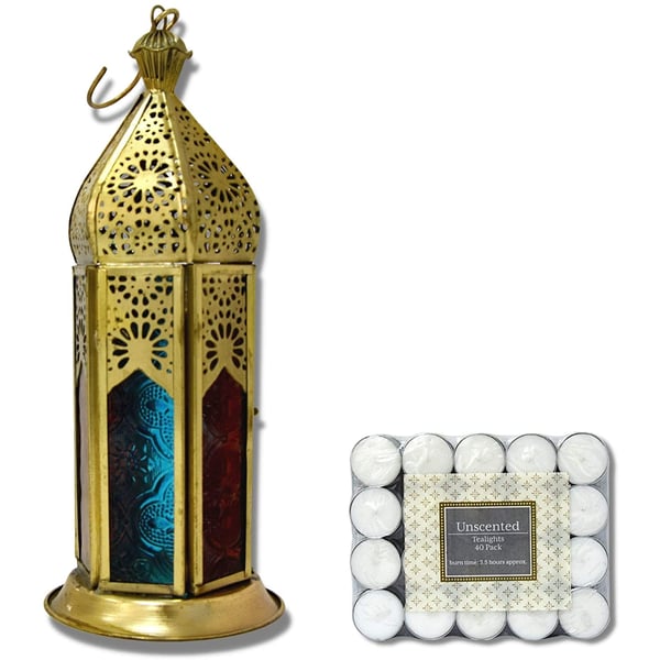 Ramadan Arabic Style Eid Mubarak Lights Hanging Decorative Candle lantern Lamp for wall Hanging Lantern for outdoor and Patio decor, IGL-1650 with 40pcs Unscented Tea Light Candles