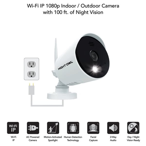 Night Owl 1080p Hd Wi-fi Ip Camera With Built-in Spotlight, White (wm-cam-wnp2lbu)