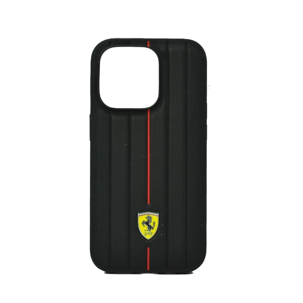 Ferrari Leather Case With Embossed Stripes Yellow Shield Logo For Iphone 14 Pro Black