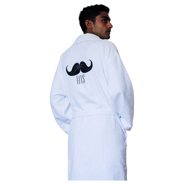 Mustache His Embroidery Egyptian Cotton White Bath Robe 23.8