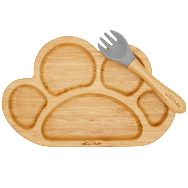 Milk It Baby, MI-BAMTPBB005 Bamboo Tiger Paw Suction Plate & Fork Set, Berry Blue