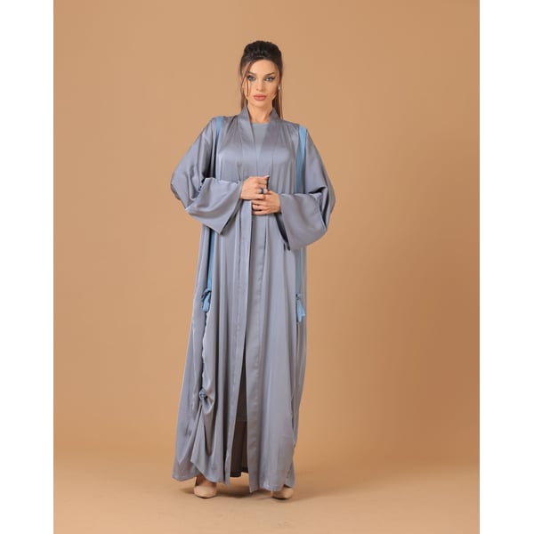 Pure Silk Silver Grey Ribboned Abaya Pure Silk Silver Grey Ribboned Abaya