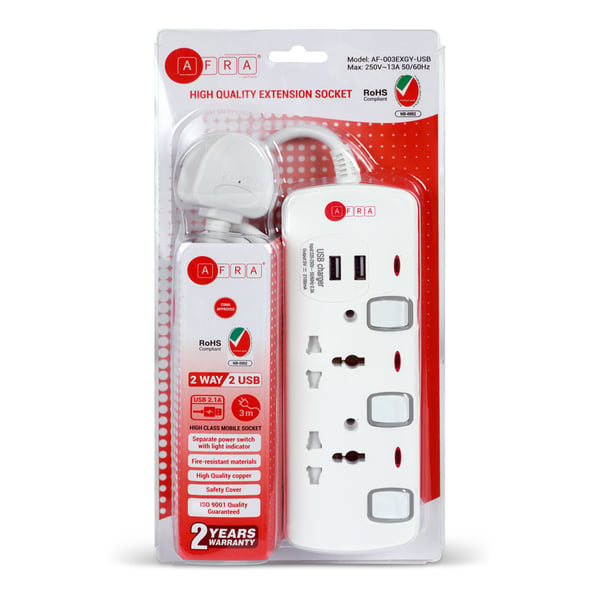 Afra Japan Universal Extension Cord 2 Way 2usb 2m, 2 Universal Socket & 2 Usb Ports 3 Meter Cable