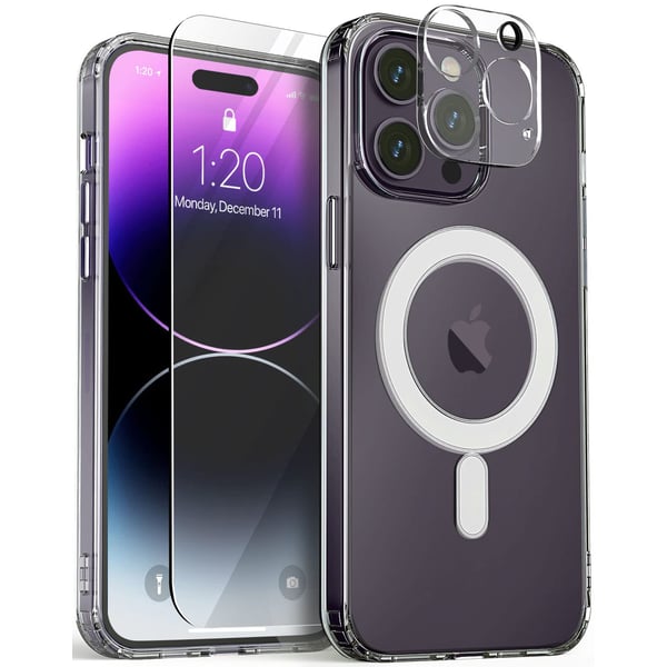 VRS Design Crystal Mixx Magnetic designed for iPhone 14 Pro MAX case cover compatible with MagSafe with Tempered Glass Screen Protector and Camera Lens Protector - Clear