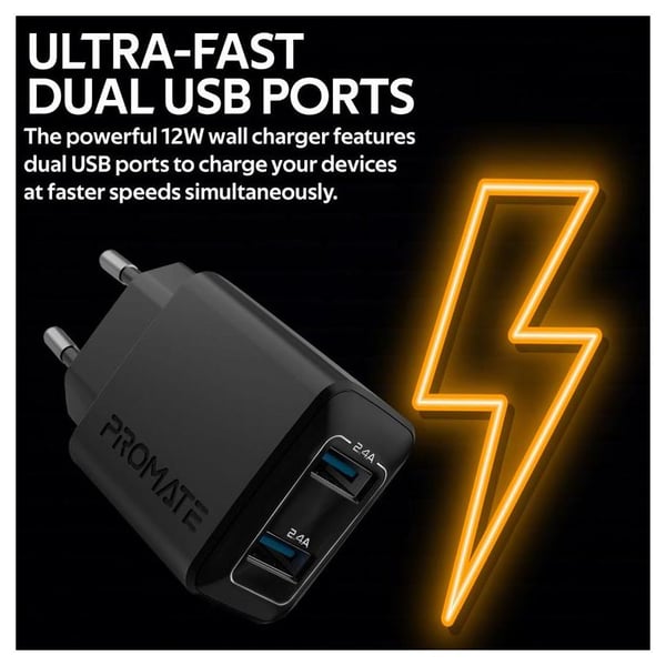 Promate Dual USB Port Wall Charger Black