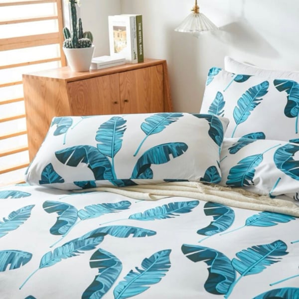 Luna Home King Size 6 Pieces Bedding Set Without Filler, Blue Leaves Design