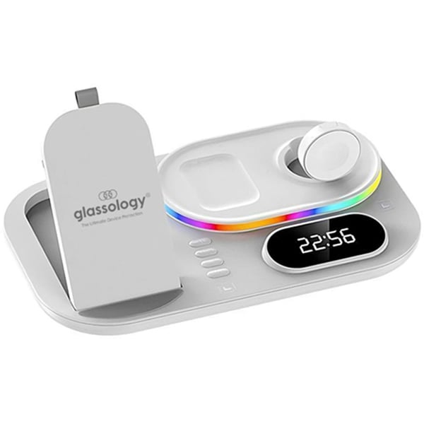 Glassology 4 In 1 Wireless Charging Stand With Clock White Glassology 4 In 1 Wireless Charging Stand With Clock White