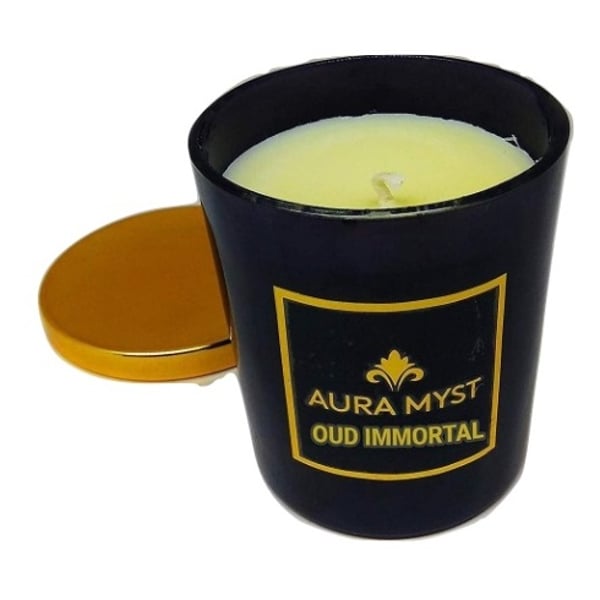 Aura Myst 7 oz Black Glass Jar Candle With Gold Lid Oud Immortal Aura Myst 7 oz Black Glass Jar Candle With Gold Lid Oud Immortal