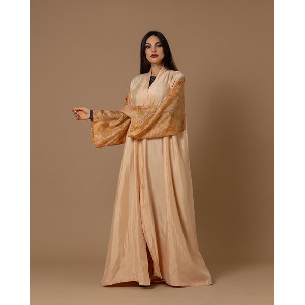 Washed Silk Light Coral Printed Sleeves Abaya Washed Silk Light Coral Printed Sleeves Abaya