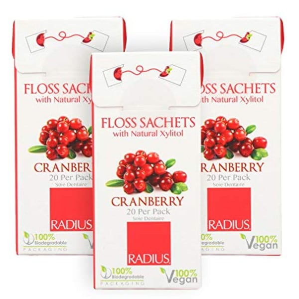 RADIUS - Natural Soft Floss, Xylitol for an Oral Care Boost, Total Tooth and Gum Protection, 100% Vegan (Cranberry, 20 Sachets) 3-Pack
