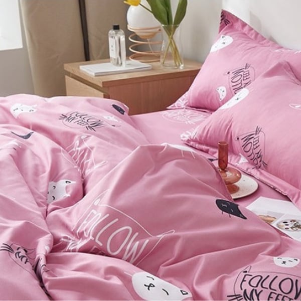 Luna Home Single Size 4 Pieces Bedding Set Without Filler, Pink Color Cat Design