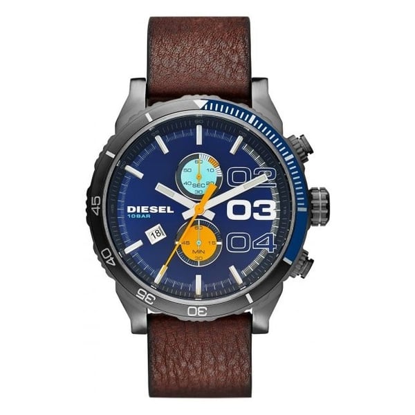 Diesel DZ4350 Double Down 2.0 Chrono Blue Dial Brown Leather Strap Men's Watch