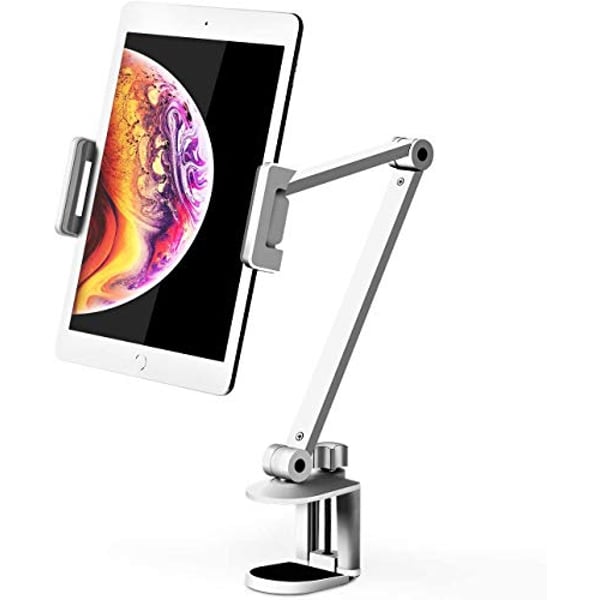 Technomounts Tablet Stand Desktop Clip Flexible 360 Degree Phone Holder Table Clamp Stand Adjustable Height Stand Fits 4 To13 Inch Phone And Tablet Displays Ipad 12.9 (white)