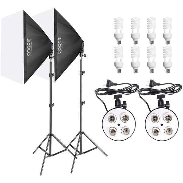 Coopic Kt-1301 Photo Studio Lighting Kit With 2pcs 50x70cm Softbox, 2pcs 4 In 1 E27 Bulb Socket, 8pcs 45w Bulbs, 2pcs 200cm Light Stand