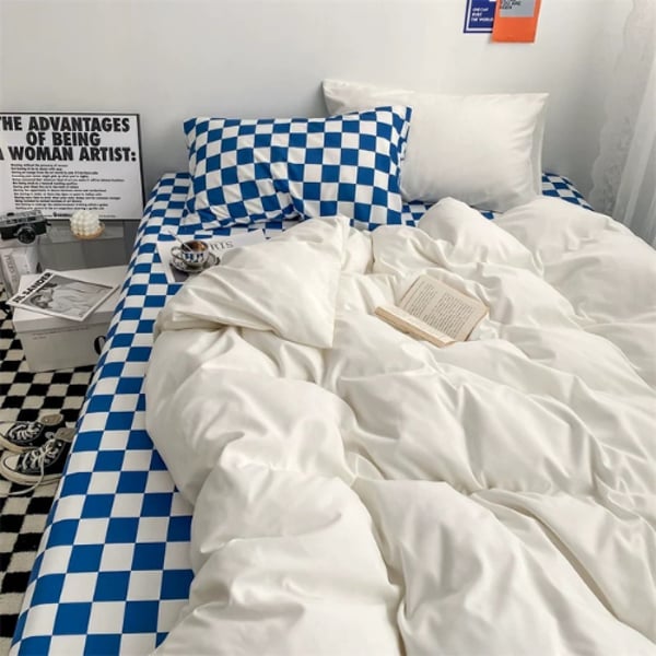 Luna Home King Size 6 Pieces Bedding Set Without Filler, Off White Color And Blue Checkered Design Luna Home King Size 6 Pieces Bedding Set Without Filler, Off White Color And Blue Checkered Design