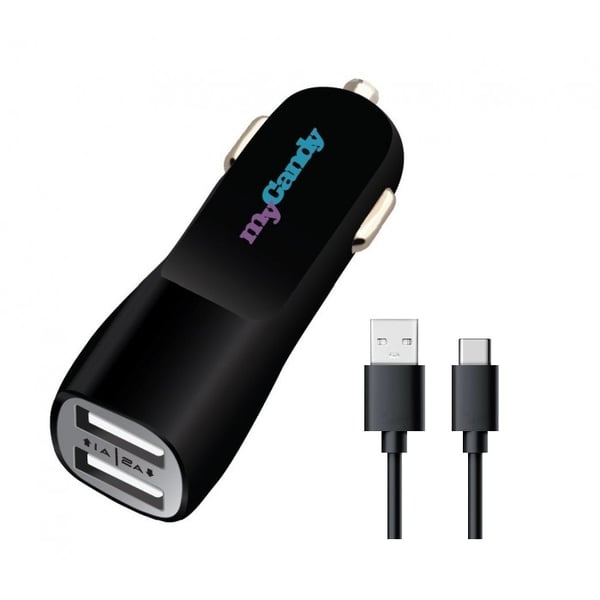 Mycandy 3.4A Dual USB Car Charger With Type C Cable 1M Black