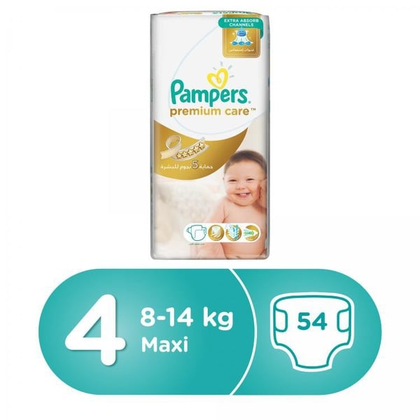 Pampers Premium Care Diapers, Size 4, Maxi, 9-14 kg, Mega Pack, 54 Count Pampers Premium Care Diapers, Size 4, Maxi, 9-14 kg, Mega Pack, 54 Count