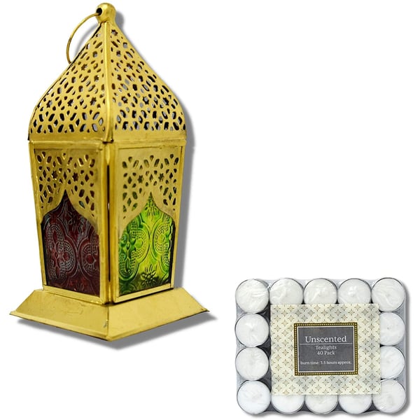 Ramadan Arabic Style Eid Mubarak Lights Hanging Decorative Candle lantern Lamp for wall Hanging Lantern for outdoor and Patio decor, IGL-1112 with 40pcs Unscented Tea Light Candles