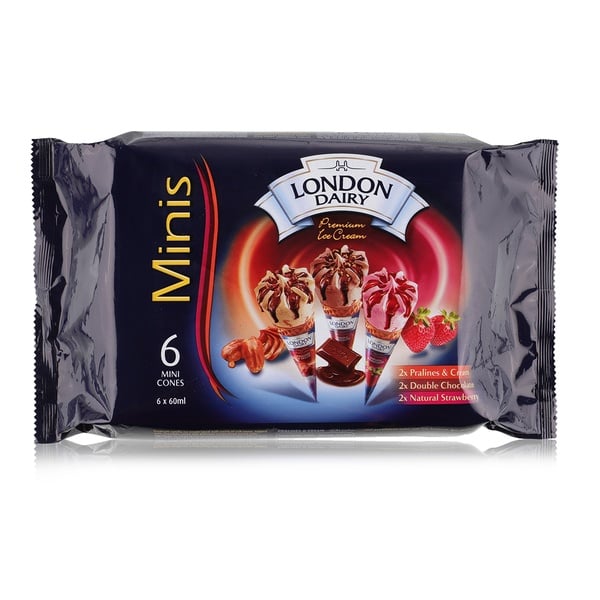 London Dairy Mini Cone Ice Creams 6x60ml - 2xPralines & Cream + 2xDouble Chocolate + 2xNatural Strawberry London Dairy Mini Cone Ice Creams 6x60ml - 2xPralines & Cream + 2xDouble Chocolate + 2xNatural Strawberry